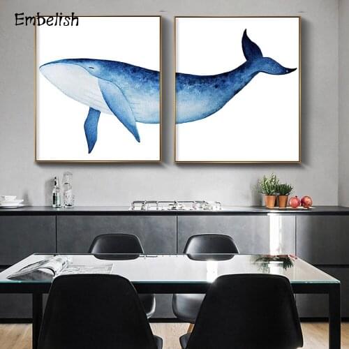 2 Pieces Big Shark Underwater Watercolor Fish Cartoon Wall Posters For Kids Childrens Living Room Home Decor HD Canvas Paintings