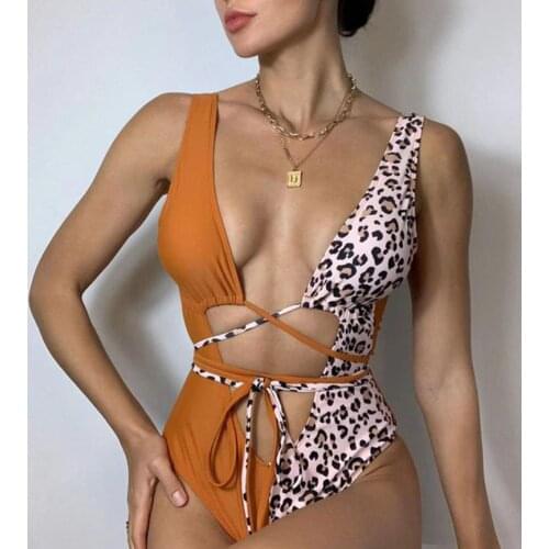 2021 Sexy Women’s Swimsuit Color Block Leopard Bikini Lace Up Open Back Female Swimwear Summer Bathing Suit Beachwear