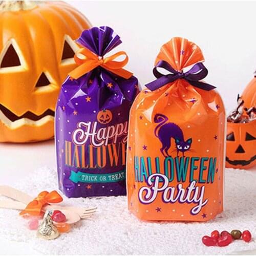 6pacs/lot No ribbon Plastic Bags for Halloween Party Candy Cookie Bag Large capacity Kitty Pumpkin