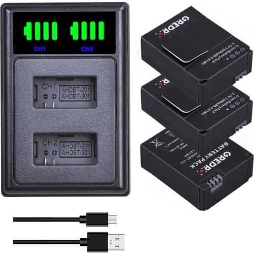 AHDBT-301 AHDBT-302 Battery + Charger with Type-c Port for GoPro Hero 3, Hero 3 +, HD Hero3 Black Edition, AHDBT 301 AHDBT302