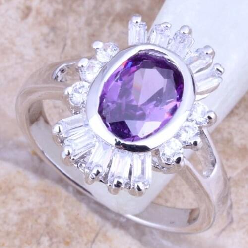 Brilliant Purple Cubic Zirconia White CZ Silver Plated Womens Jewelry Ring Size 6 / 7 / 8 / 9 R1430