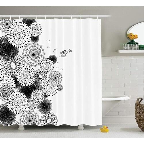 House Decor Shower Curtain Set By Dandelion Patterns Sketchy Lines and Bird Lions Tooth Print Fabric Bathroom Decor with Hooks