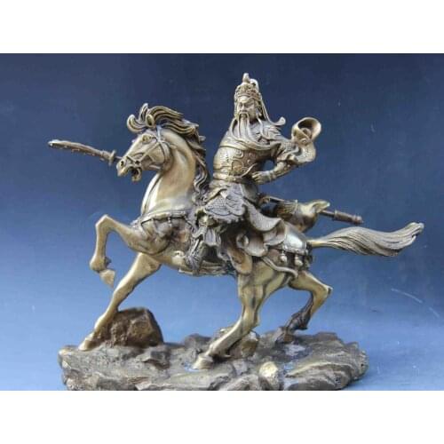 Free shipping 23cm Chinese Brass Copper Ride Horse Guan Gong Guan Yu Warrior army general Statue