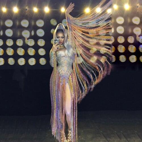 Sexy Long Multi-colored Tassel Rhinestones Bodysuit Glisten Crystals Fringe Jumpsuit Women Nightclub Singer Stage Outfit DT1167