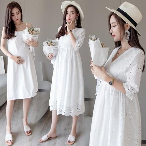1695# White Cotton Lace Maternity Dress Summer Korean Fashion V neck Clothes for Pregnant Women Slim Waist Pregnancy Dress Suit