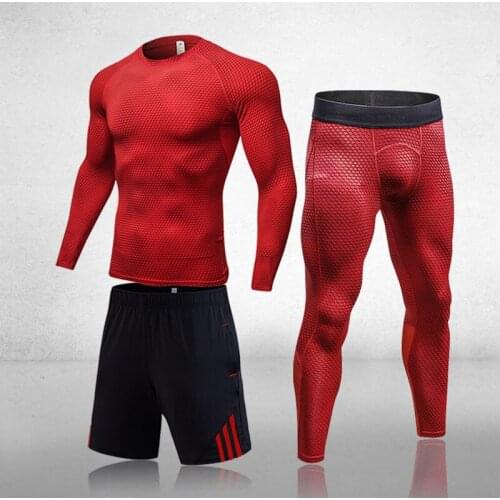 Mens Long Sleeve Workout Compression 3 Pcs/Sets Gym Set Elastic Running Sportswear Rashgard Sports Suit Husband