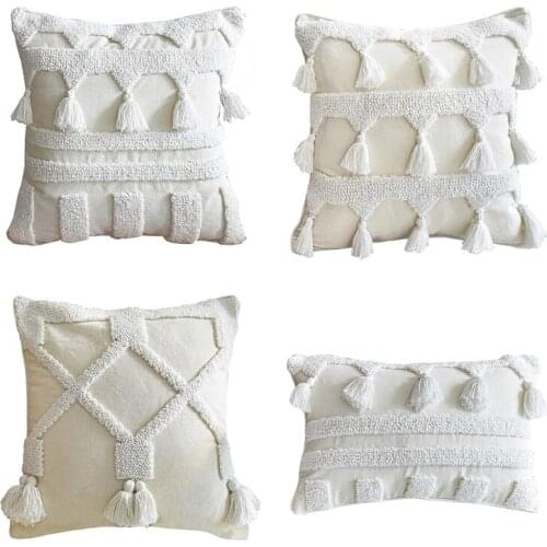 Nordic Morocan Textured Boho Throw Pillow Case Woven Tufted White Tassel Striped Decorative Cushion Cover for Couch Sofa