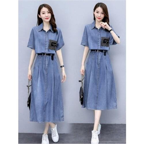 Plus Size Casual Denim Dress Women 2021 Summer New Womens Dresses Temperament Waist Covering Show Thin Long Female Skirt