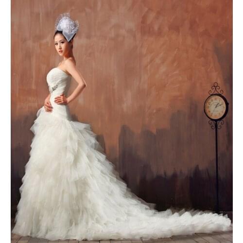 Natural tulle ruffle dress free Shipping Long Maxi Crystal Goddess Costume Beaded Materials Decorating Bespoke Wedding Dresses