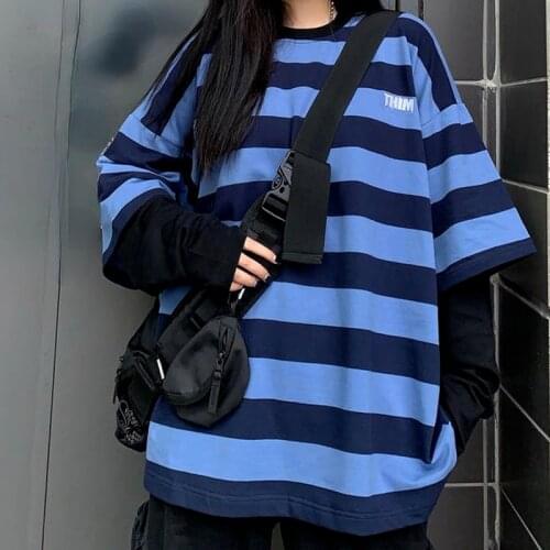 QWEEK Harajuku Striped Long Sleeve T-shirt Women 2021 Streetwear Casual Korean Fashion Patchwork Tee Shirt Tops Vintage Clothes