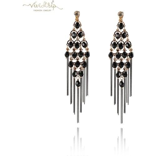 Fashion Gold Color Hanging Long Tassel Clip on Earrings Black AAA Crystal Metal Chain No Pierced for Womens Ear Clips Jewelry