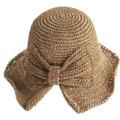 Bow Straw Weave Fishermans Hat Wide Brim Dome Top UV Protection Sun Hats Beach Travel Foldable Gilrs Caps Female Summer Caps