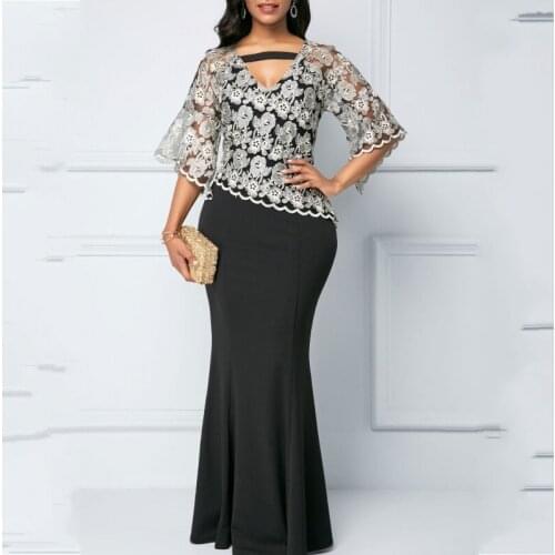 Spring Autumn African Maxi Dresses For Women 2020 Black Fashion Robe Long Dress Lace Bazin Vestido Dashiki Party African Clothes