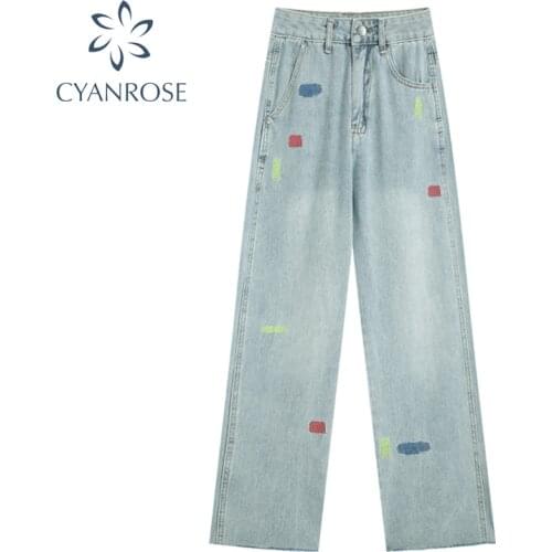 Vintage Woman Jeans Fashion 2021 Autumn Embroidery Straighted Loose Harajuku Long Pant Y2k Blue High Waist Denim Trouser Female