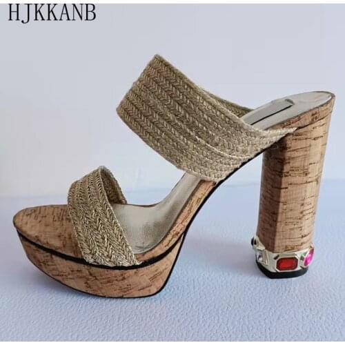 Chunky High Heel Knitted Slippers Women Rhinestone Decor Slides Thick Sole High Heel Sandals Summer Sexy Party Dress Shoes Lady