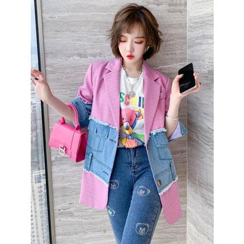 Retro Plaid stitching denim Lapel loose suit jacket for women 2021 Spring new