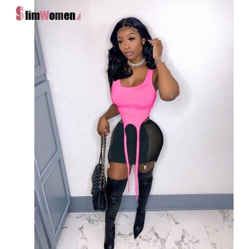 Bandage Tank Top and Mini Skirt Summer Clothes Matching Set Sexy See Through Mesh Skirt Two Piece Outfits for Women Streetwear