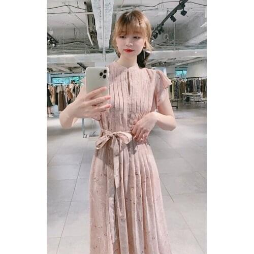 2021 summer new simple printing small fly sleeve waist belt pleated womens temperament versatile dress