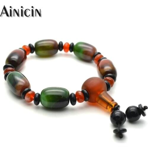 1pc Natural Semi-precious Stone Green Red Barrel Shape Strand Tibetan Bracelets 8'' Fashion Mens Gift Bangle
