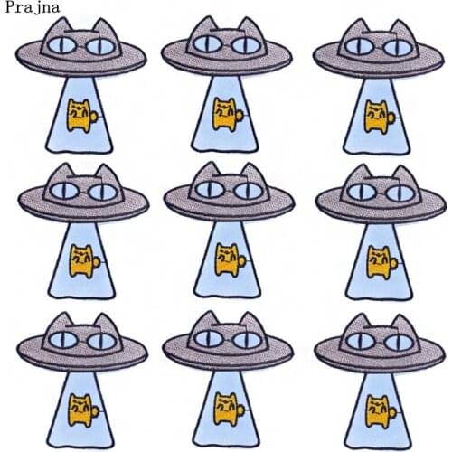 Prajna 10PCS Cartoon UFO Cat Embroidered Patches For Clothing Iron On Patches On Clothes Stripes Applique Wholesale Price Patch