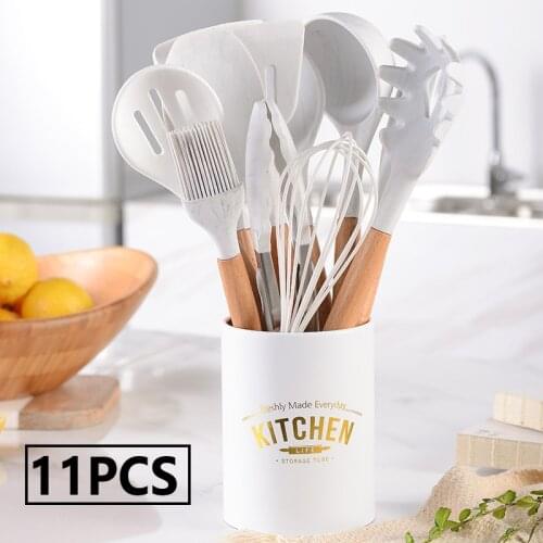 11PCS Premium Silicone Utensils Set Marbling Cooking Tools Sets Spatula Shovel Spoon Food Tongs Wooden Handle Kitchen Cookware