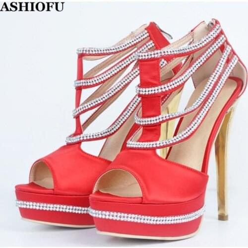 ASHIOFU Handmade Ladies High Heel Sandals Crystals Peep-toe Sexy Party Prom Dress Shoes Platform Evening Club Fashion Sandals