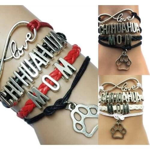 Infinity Love Chihuahua Mom Paw Bracelet Custom Red with Black Dog or Cat Paw Print Charm Breeds Puppy Bracelet