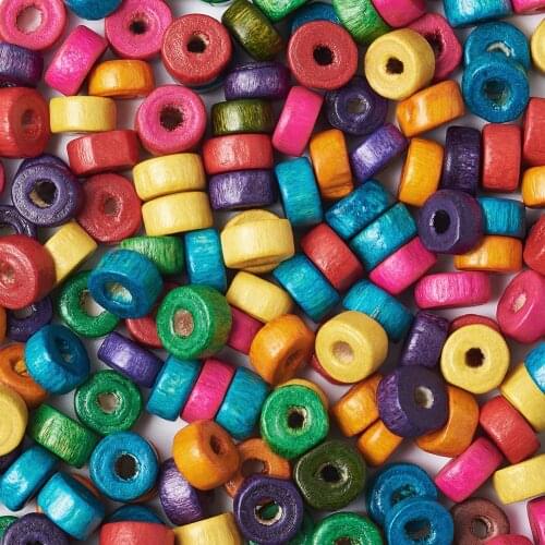 Jewlery DIY Beads 200PCS Mixed Flat Round Lead Free Wood Beads, Dyed, 6x3mm, Hole: 2mm