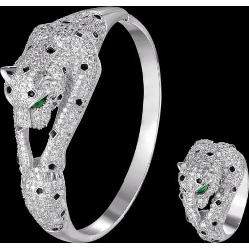 Zlxgirl brand jet Enamel leopard shape animal copper bangle with ring jewelry perfect cubic pave zircon Bracelet bridal gift