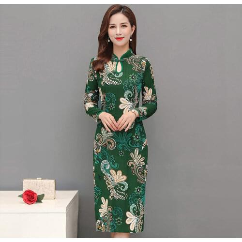 Classic Women Traditional Mandarin Collar Qipao Elegant Long Sleeve Cheongsam Chinese Style Vestido Chinese Cheongsam