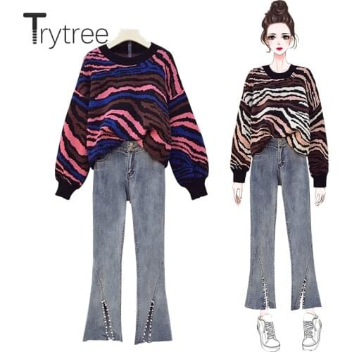 Trytree 2020 Autumn Winter Two Piece Women Set Casual Color Striped Sweater + Pearl Split Hem Jeans Office Lady 2 Piece Suit