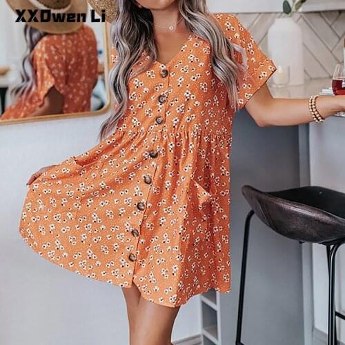 Summer Woman Casual Loose Printed Buttons Pocket Short-Sleeved Mini Dress 2021 Fashion Beach Vacation Dress Women Clothing Femme