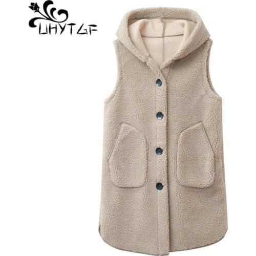 UHYTGF New Lambswool Autumn Winter Vests For Women Fashion Hooded Casual Warm Jacket Sleeveless Loose Plus Size Waistcoat 1959