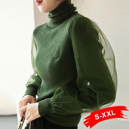 Plus Size Mesh Patchwork Stretchy Turtleneck Knitted Sweater Fashion Elegant Long Sleeve Pullover Tops Vintage Y2k Soft Sweaters