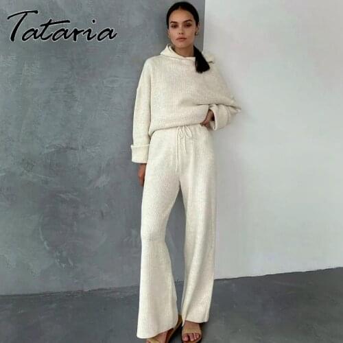 Autumn Knitted Sets Women Outfits Pants and Tops Casual 2 Picec Set Ribbing Long Sleeve Hooded Top Wide Leg Pants Lady Trousers