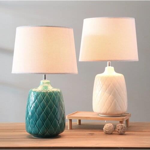 Modern Simple Nordic Blue/White Ceramic Fabric Dimmer Table Lamp for Bedroom Living Room Study Porcelain Light H 50cm 1705