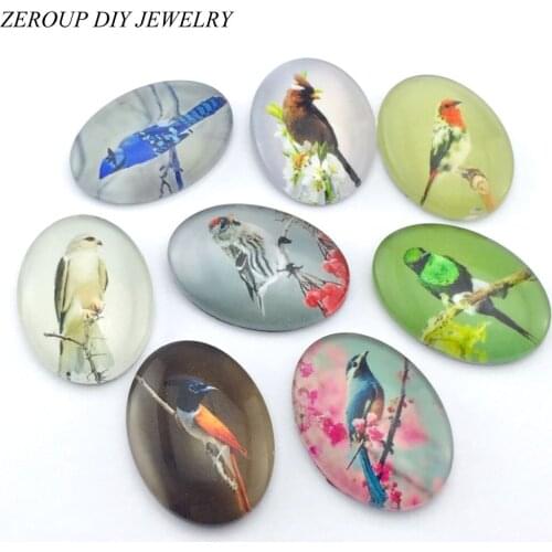 ZEROUP 2 Sizes Oval Glass Cabochon Birds Pictures Mixed Pattern Fit Base Setting for Jewelry Embellishment Flatback