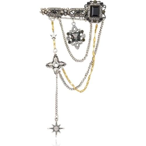 TIMEONLY Vintage Six-pointed Star Brooch Dangle Black Color Rhinestone Broochs for Women Street Style Baroque Crystal Jewellery