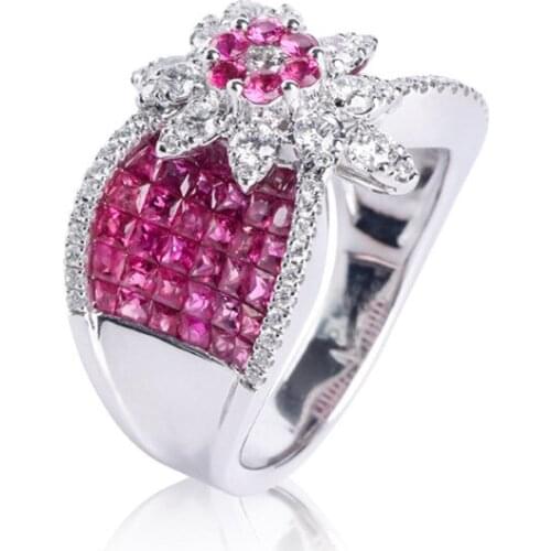 Hainon New Vintage Red Zircon Stone Big Flower Rings Fashion Jewelry for Women CZ Silver Color Ring For Wedding