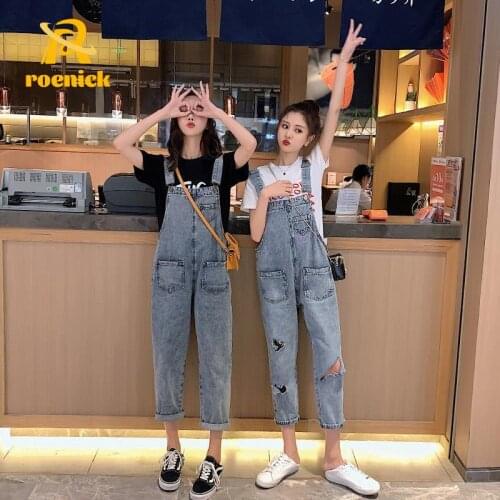 ROENICK Women Hole Hollow Loose Denim Jumpsuits Students Korean Slim One-Piece Overalls Pants Female Chic Straps Straight Pants