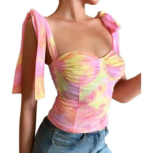 2020 Summer Women Tie Dye Crop Top Sexy Lady Tie Up Shoulder Straps Camisole Female Casual Sleeveless Slim Fit Tank Top S/M/L