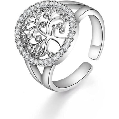 Silver Color Tree Of Life Ring Cubic Zircon Ring One Size Adjustable Rings For Women Party Fashion Jewelry Gifts Elegant
