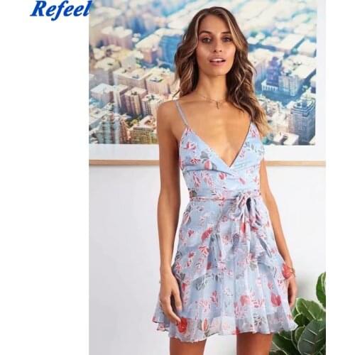 Fashion Sashes Beach Women Dress Chiffon Tank Vestido Lining Back Zipper Vintage Red Floral Print Ruffles Blue Dresses