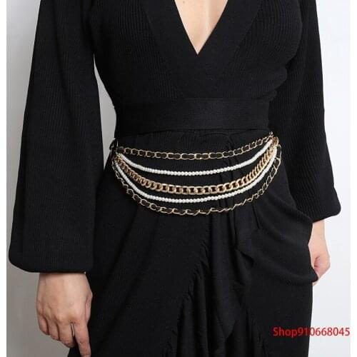 Summer ladies fashion exaggerated thick chain geometric temperament imitation pearl waist chain chain handmade tassel body chain