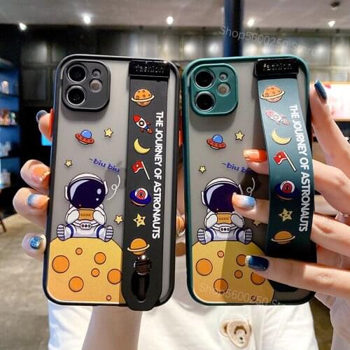 Cute Space Astronaut Wrist Strap Stand Cover Case For iPhone 12 13 Mini 11 Pro XS Max XR X 7 8 6S Plus Matte Hard Back Funda