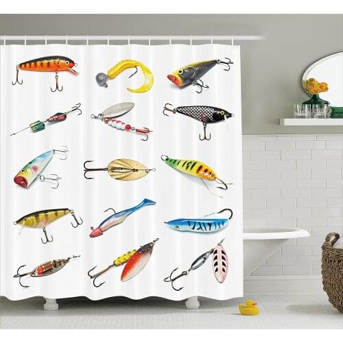 Fishing Decor Shower Curtain Several Fish Hook Equipment Objects Trolling Angling Netting Gathering Activity Bathroom Decor