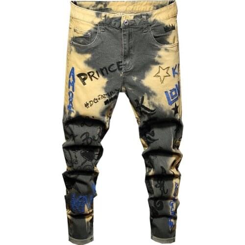 Jeans Men Skinny Slim Fit Harem Pants Tapered Embroidery Letters Yellow Casual Mens Fashion Jeans Guinness For Boys Streetwear