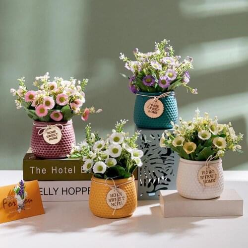 Artificial Flower Bonsai Simulation Vivid PVC Ceramics Vase Faux Flowers Bouquets for Home