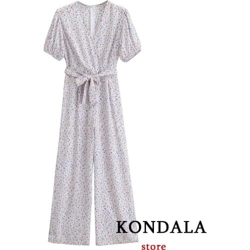 KONDALA Women Jumpsuit Za Fashion 2021 New Spring V-Neck Floral Watermark Lace Elegant Rompers Female Jumpsuit Sashes Bodysuit