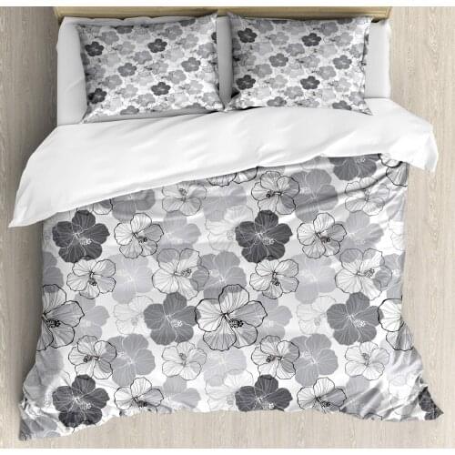 Floral Duvet Cover Set Overview of Hibiscus Flower Silhouettes 3 Piece Bedding Set Purpleblue Pale Purpleblue Charcoal Grey